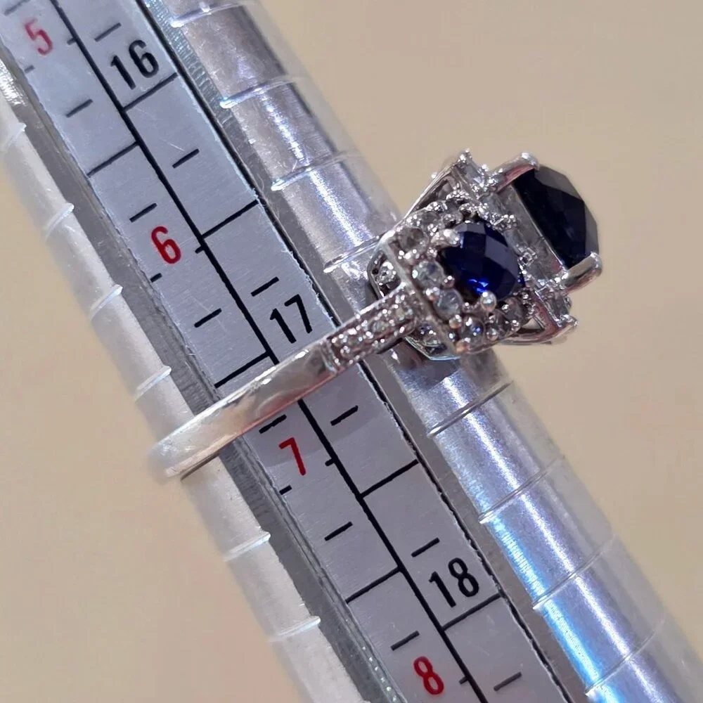 Cushion Cut Blue Three (3) Stone CZ Accent 925 Sterling Silver Ring Size 6.75